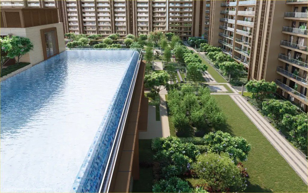 Aerial view of pool and landscaped greens